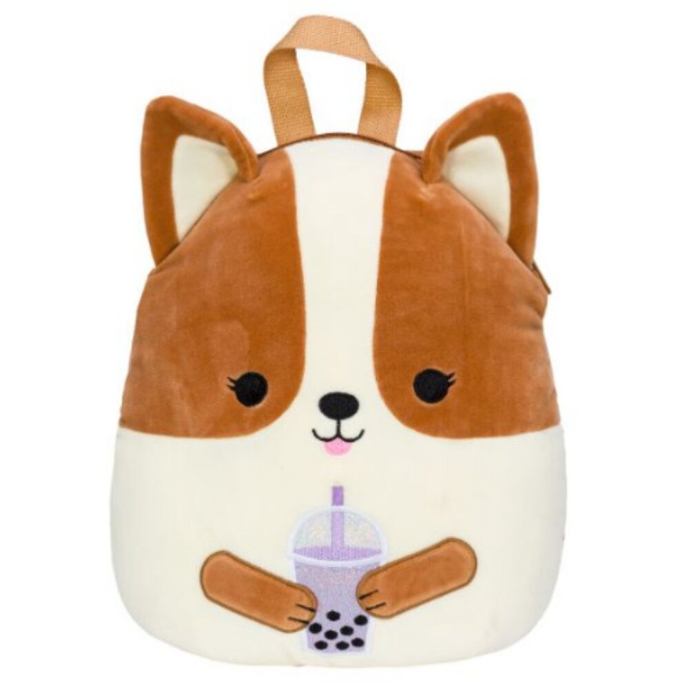 12" Squishmallow Boba Tea Regina Corgi Brown & White Dog Backpack Bag EUC